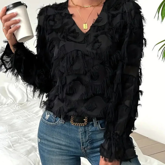HIGH QUALITY Tops - Elegant Tassel-Trim V-Neck Blouse